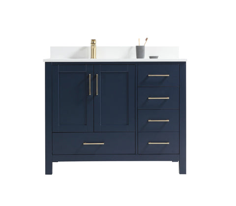 42 inch Navy Blue Bathroom Vanity with White Countertop and Brushed Gold