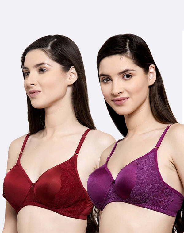 Lace Trim Non-Wired Non-Padded Bras 2 Pack, Lingerie