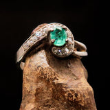 Sterling Silver Solitaire Ring with oval Green Emerald and white CZ - Size 5.75