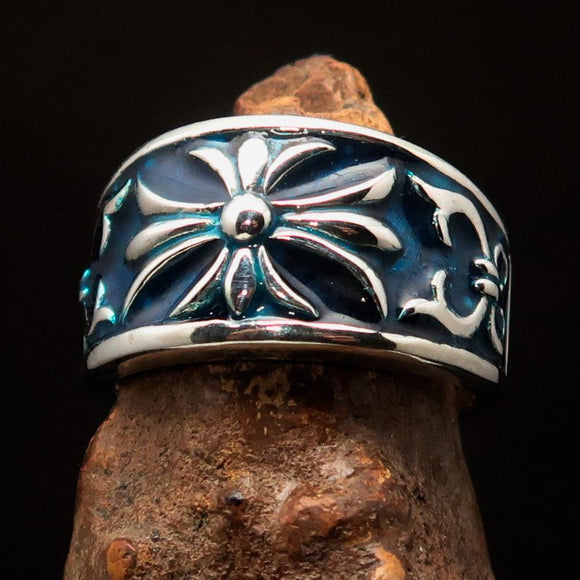 Nicely crafted domed Men's Fleur de Lis Ring Blue - Sterling Silver - BikeRing4u