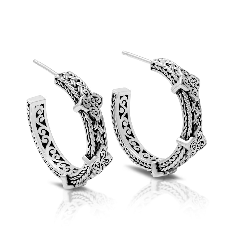 Medium Intricate Textile Weave with LH Scroll Alhambra Accents Hoop Earrings