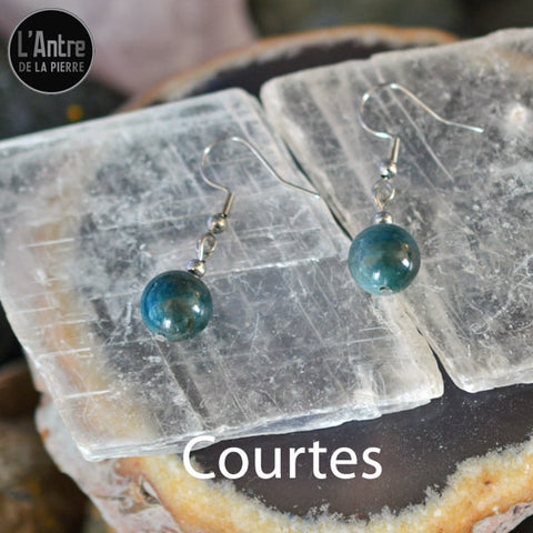 Boucles d'Oreilles Apatite Bleue du Brésil Boule de 10 mm de Qualité A+ Courtes ou Longues avec Crochet en Argent 925