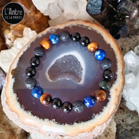 Bracelet Obsidienne Arc en Ciel, Onyx, Pierre de Lave, Lapis-lazuli et Œil de Tigre Boules de 8 mm