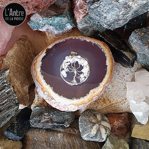 Pendentif Arbre de Vie en Métal Argenté avec de la Pierre de Lune Blanche