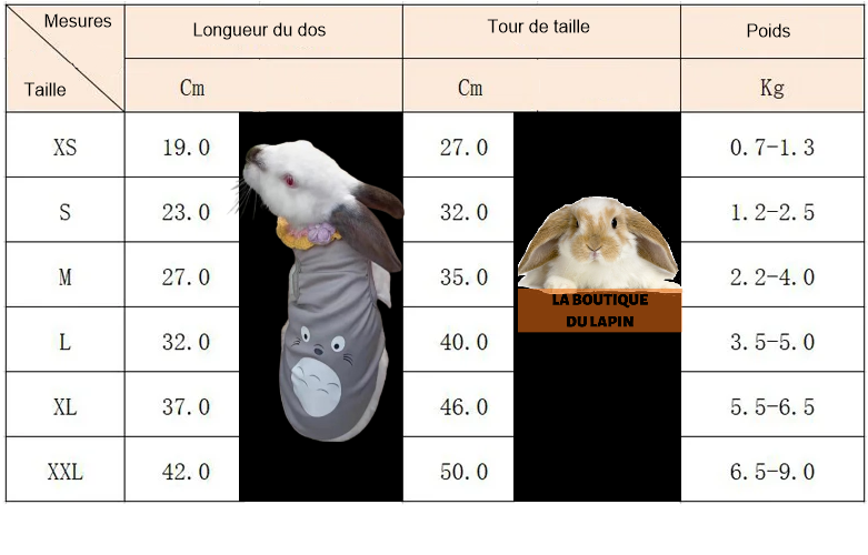 tableau tailles tshirt lapin