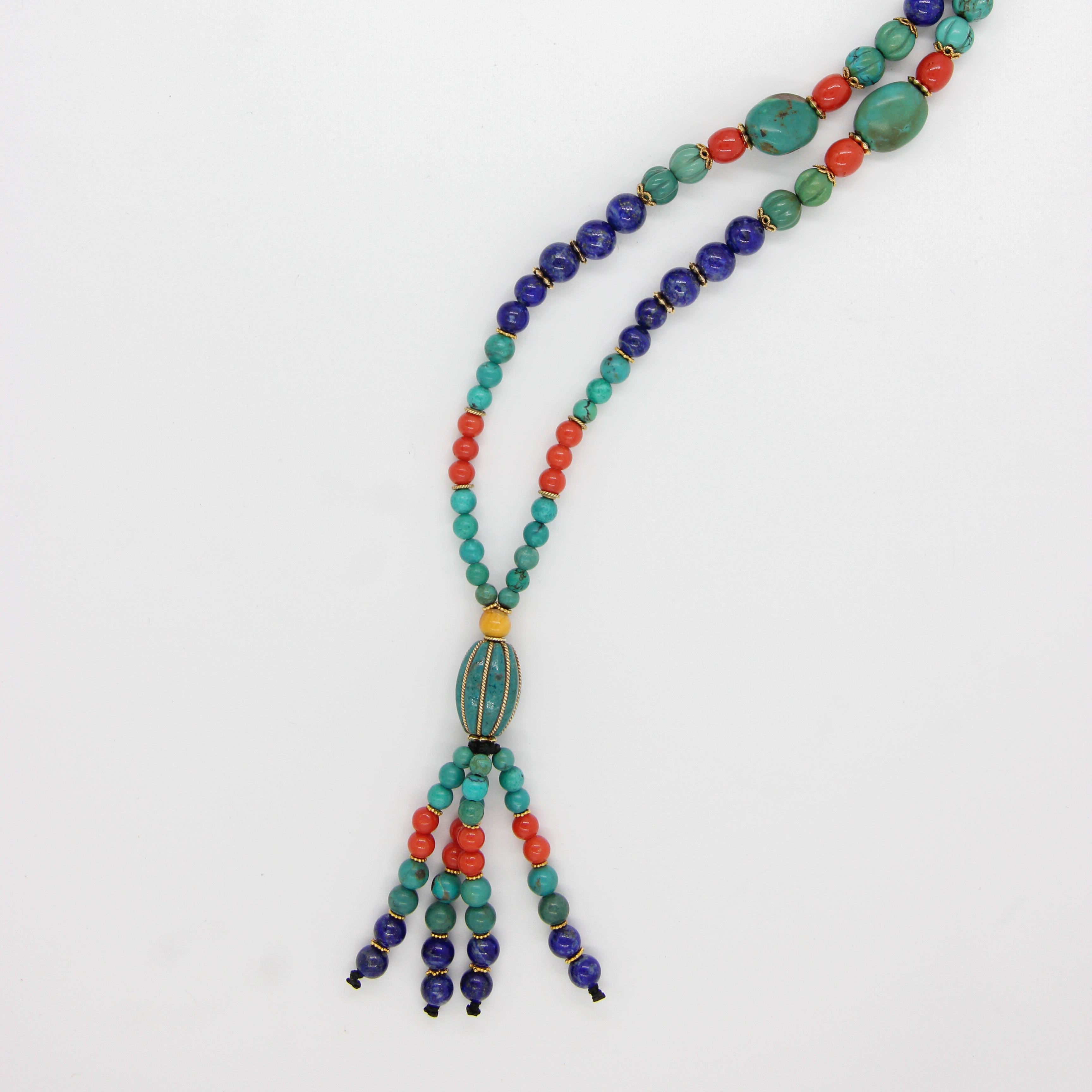 Turquoise Necklace with Red Coral, Lapis Lazuli, Amber and 18k Gold