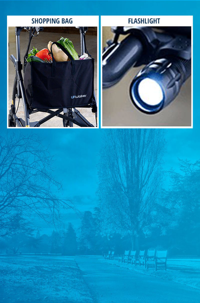 A collage of UPWalker Lite accessories: the branded shopping bag, the luxury personal item bag, & the flashlight attachment.