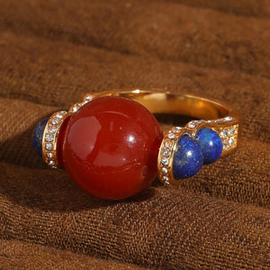 Women Vintage Red Agate Horseshoe Rhinestone Crystal Antique Gold Color Ring - JoyzBoutiques