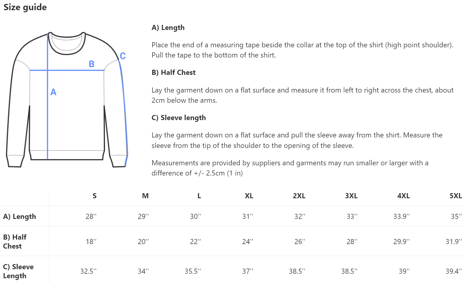 Sizing chart for the men's version of the Jungkook Salty To The Core Crab Shirt