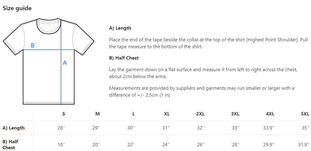 Sizing chart for the men's version of the Jungkook Salty To The Core Crab Shirt