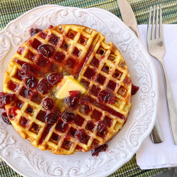 cranberry maple syrup over waffles on barquegifts.com