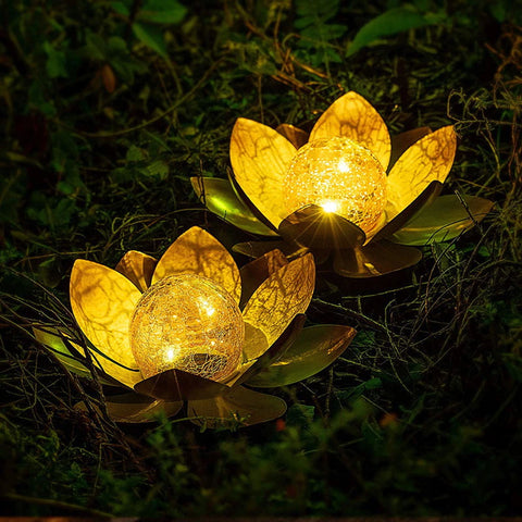 Solar Flower cracked glass two lamps turned on at night