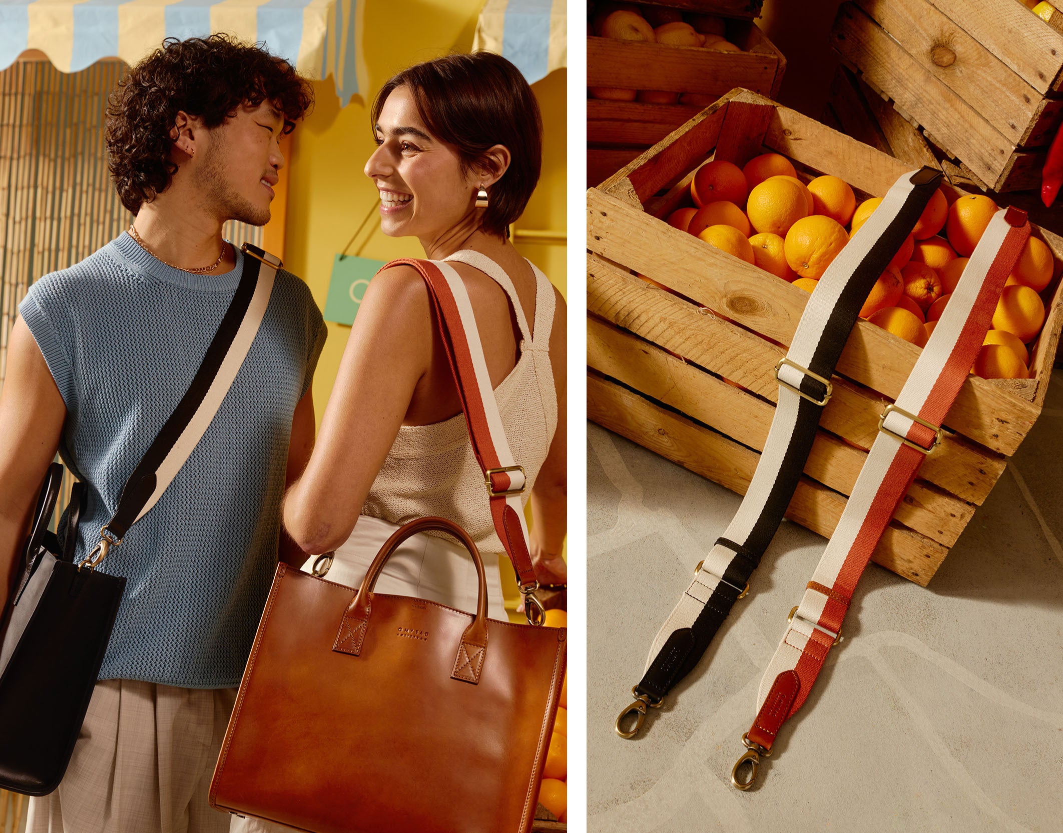 Campaign image featuring fresh fruit and citrus colours, a male and a female model wearing black and brown square tote bags