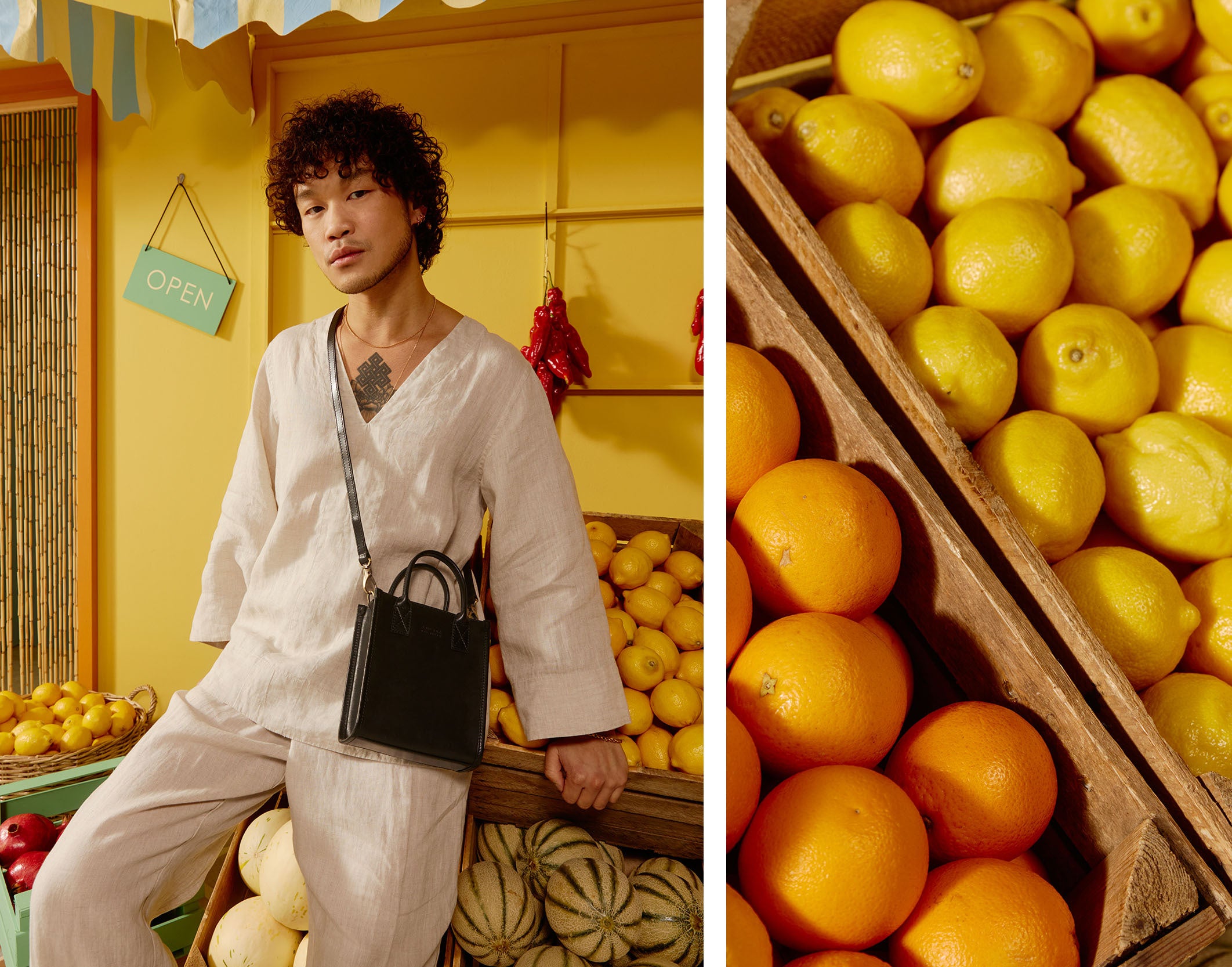 Collage of campaign images featuring fresh fruit and citrus colours, a male model and a square black leather cross-body bag