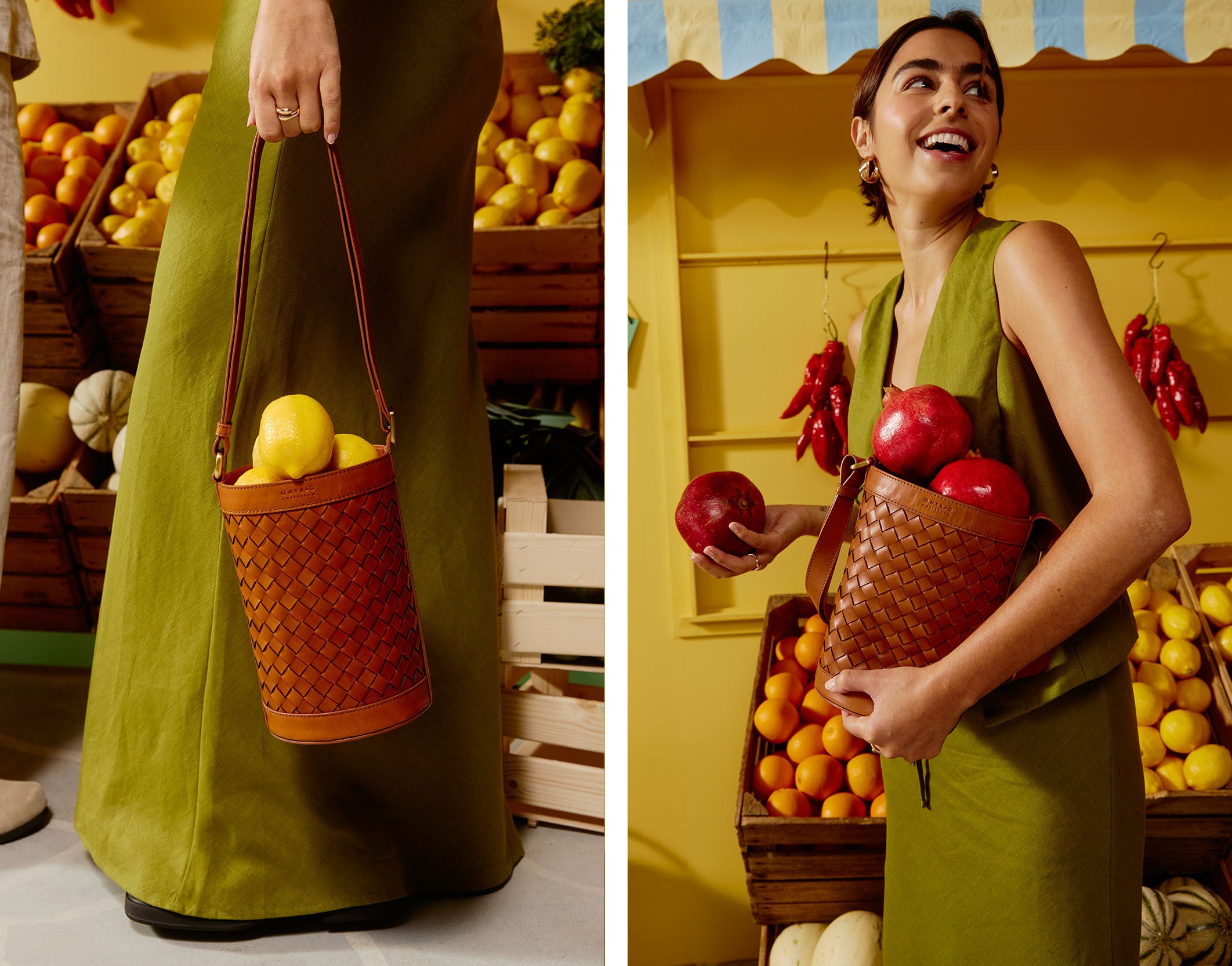 Collage of campaign images featuring fresh fruit and citrus colours, a female model and a brown woven bucket bag filled with pomegranates and lemons