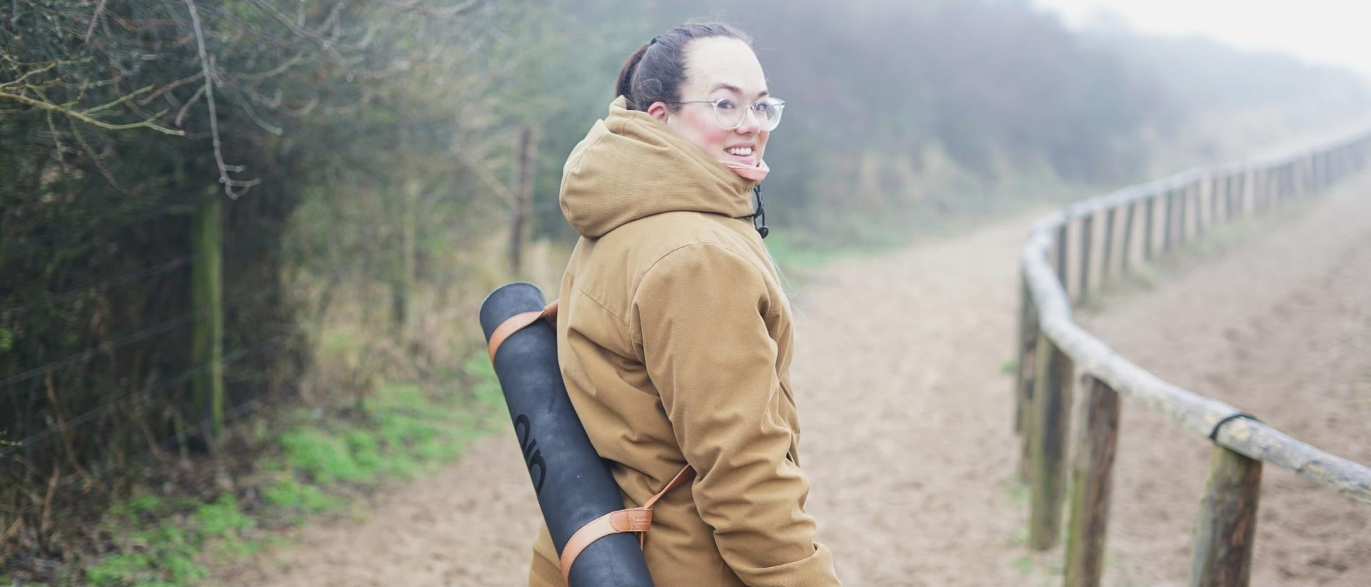 Roos Kocken with her O My Bag Leather Yoga Mat Strap, Wild Oak Soft Grain Leather