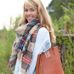 tan tartan plaid monogram blanket scarf