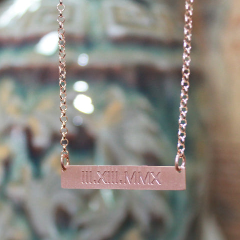 rose gold bar necklace - roman numera;