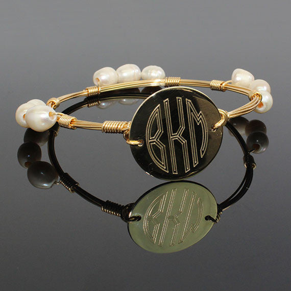 Silver and Pearl Wire Wrap Monogram Bangle Bracelet - Be Monogrammed