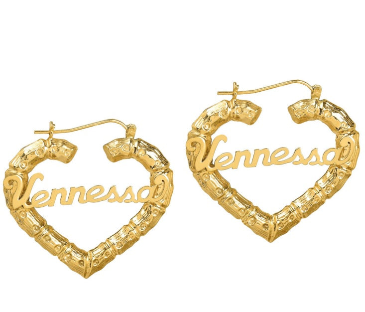 10K Yellow Gold Heart Bamboo Hoop Earrings Door Knocker  Etsy