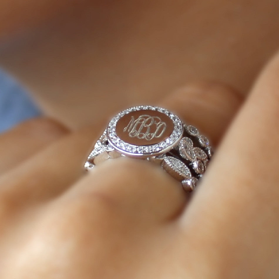Sterling Silver Multi Shaped CZ Rimmed Monogram Stacking Ring - Be Monogrammed