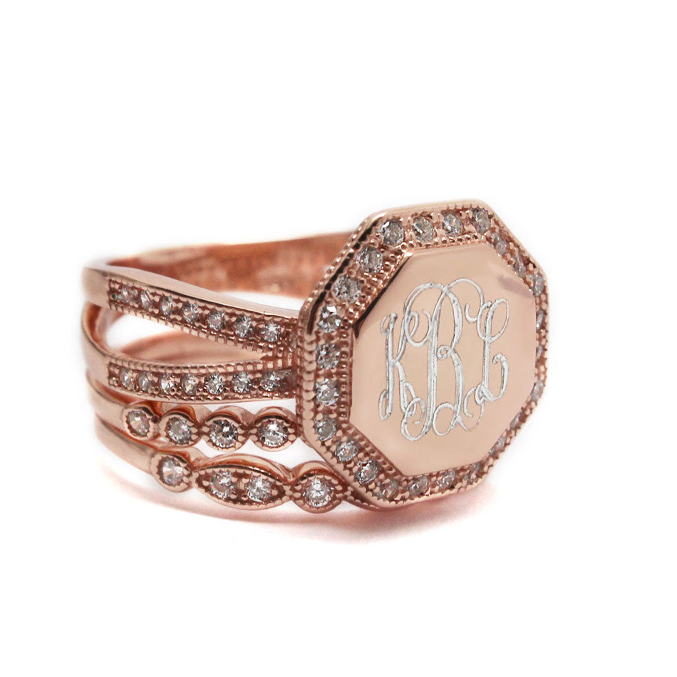 Gold CZ Rimmed Octagon Monogram Stacking Ring - Be Monogrammed