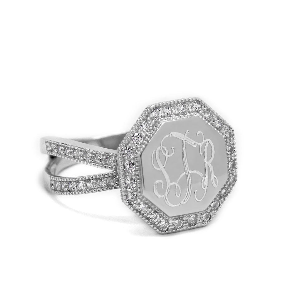 Sterling Silver Octagon CZ Monogram Ring - Split Band - Be Monogrammed