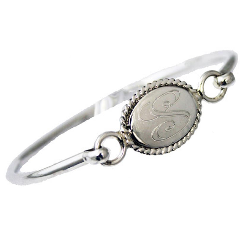 Monogram Sterling Silver Oval Rope Edge Bangle Bracelet - Be Monogrammed