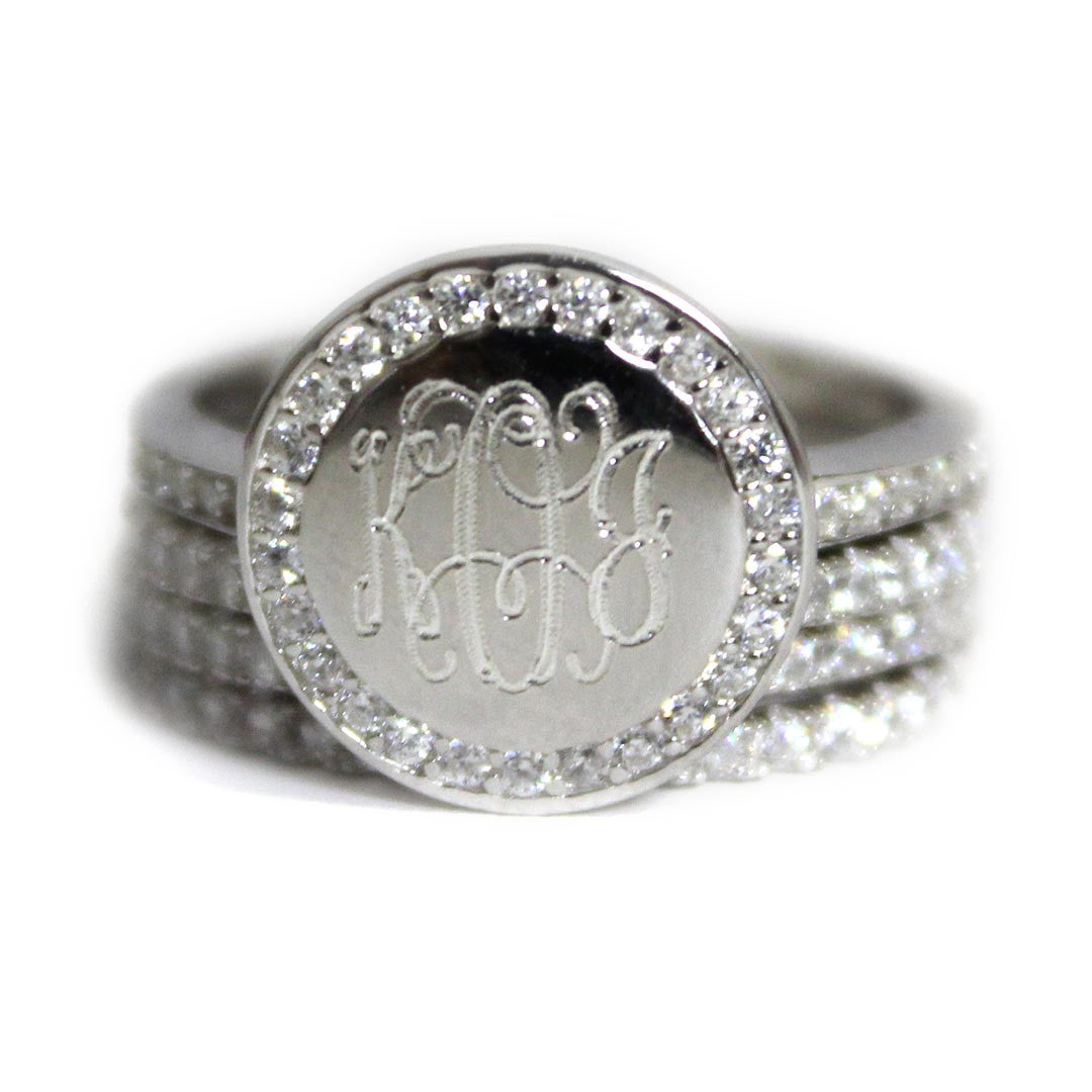 Sterling Silver CZ Rimmed Monogram Stacking Ring Be Monogrammed