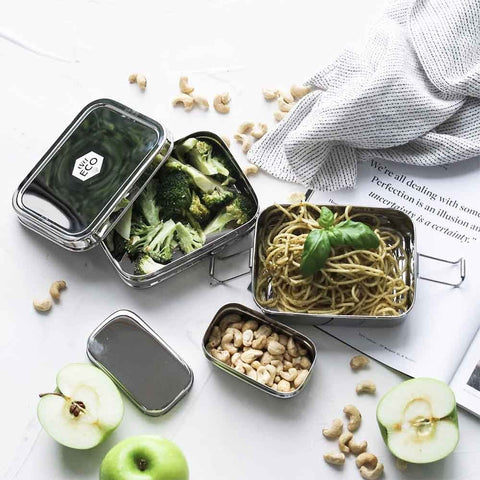 stainless steel stackable bento box 3 piece set plastic free zero waste healthy eating and meal preparation