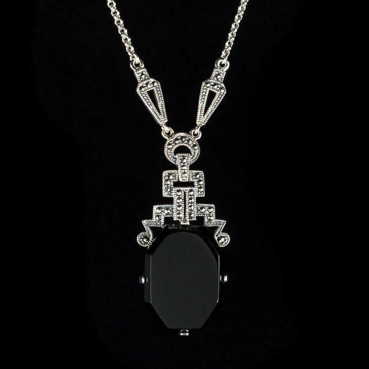 Luke Stockley Marcasite Art Deco Black Onyx Pendant Necklace (N117O ...