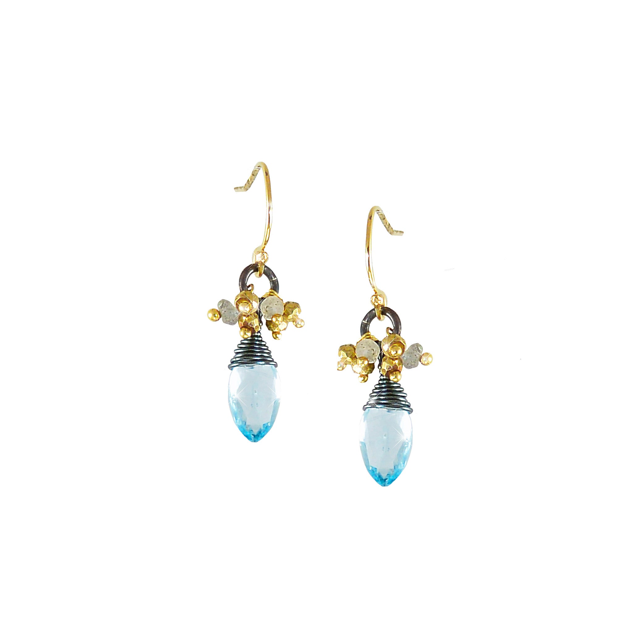 Liliana Earrings in Swiss Blue Topaz, Pyrite & Labradorite