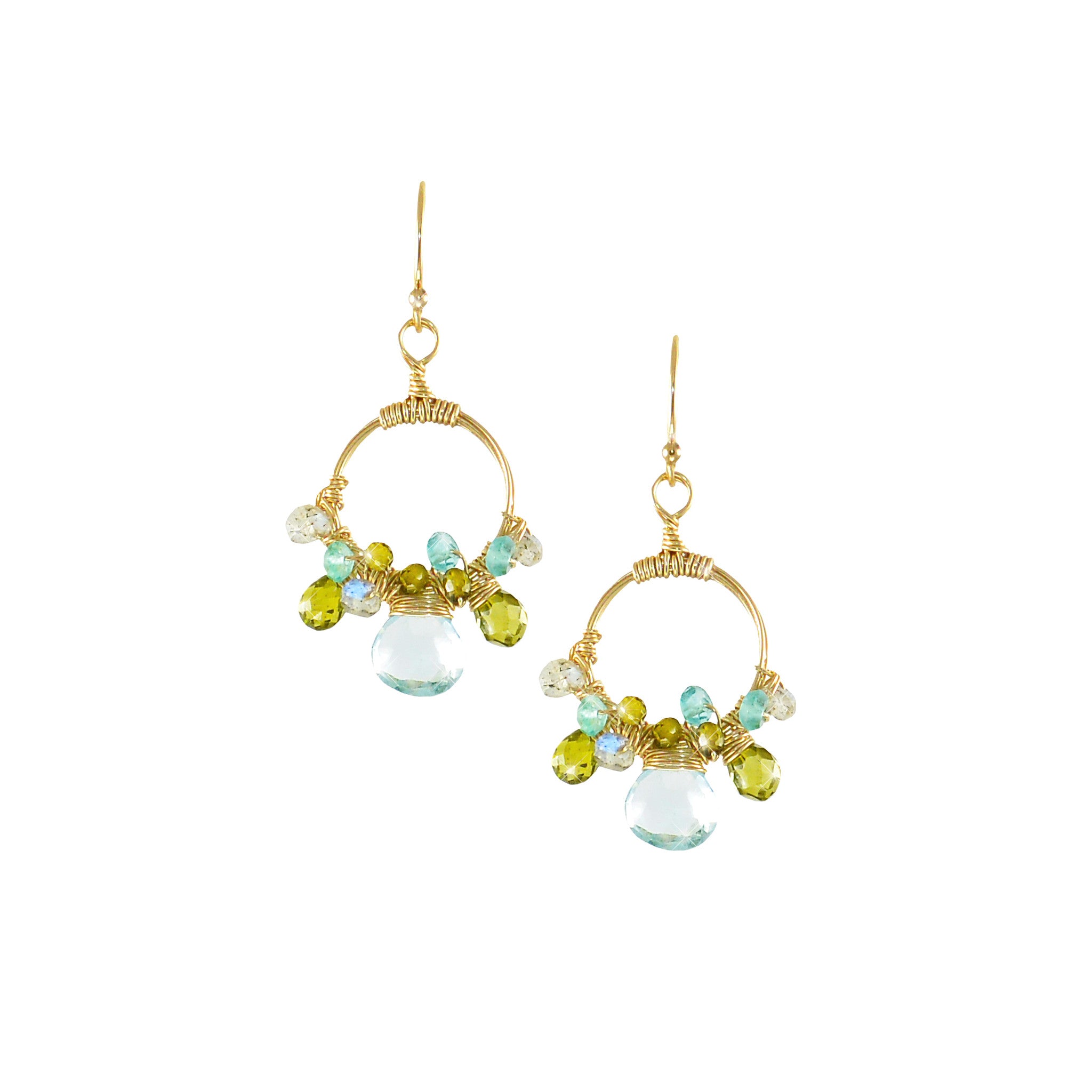 Simone Earrings in Swiss Blue Topaz, Labradorite, Apatite & Olive Zricon