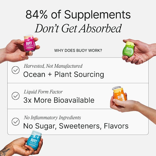 Infographic highlighting Buoy's superiority over other electrolyte supplements, featuring harvested ingredients, 3x more bioavailability, and no added sugar, sweeteners, or flavors.