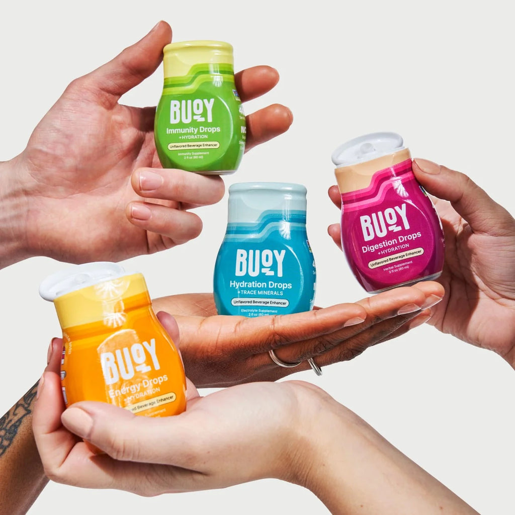 Buoy’s electrolyte and mineral drops: Hydration, Digestion, Energy, and Immunity for every wellness need.
