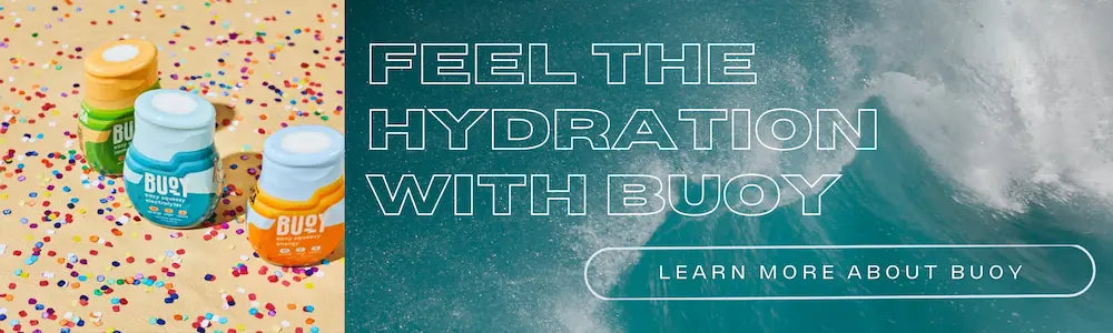 "Feel the hydration with Buoy" over ocean waves with all products featured.