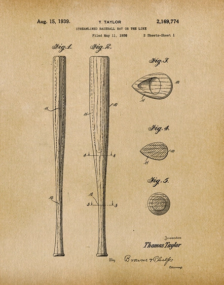 Baseball Bat 1939 Patent Art Print