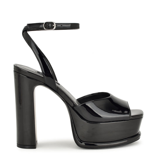 나인웨스트 NINEWEST Platt Platform Ankle Strap Sandals,Black Patent