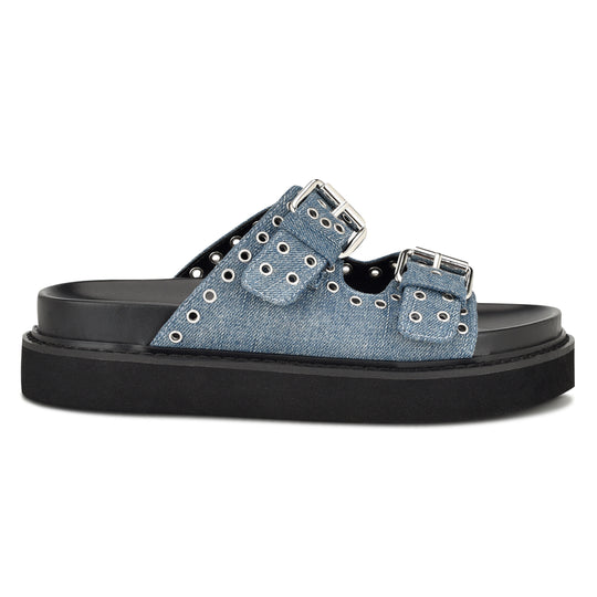 나인웨스트 NINEWEST Eleny Buckle Slide Sandals,Denim