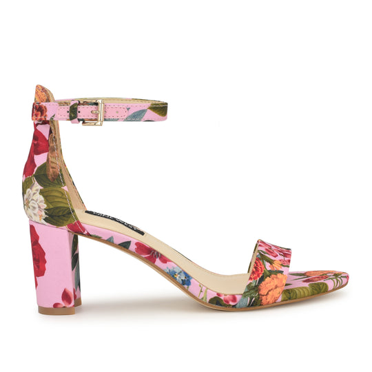 나인웨스트 NINEWEST Pruce Ankle Strap Block Heel Sandals,Pink Floral