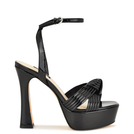 나인웨스트 NINEWEST Irna Platform Ankle Strap Knotted Sandals,Black Patent