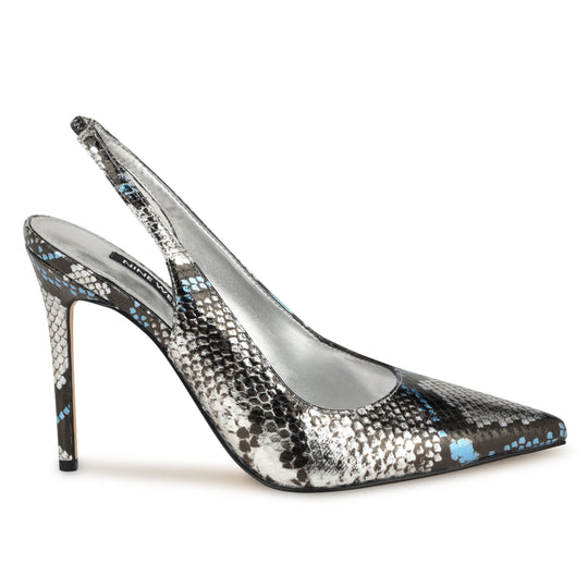 나인웨스트 NINEWEST Feather Pointy Toe Slingback Pumps,Silver/Blue Snake