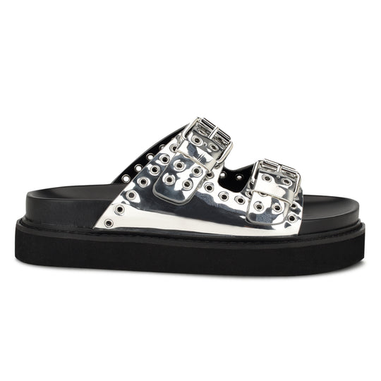 나인웨스트 NINEWEST Eleny Buckle Slide Sandals,Silver