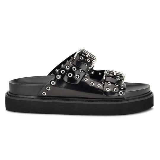 나인웨스트 NINEWEST Eleny Buckle Slide Sandals,Black