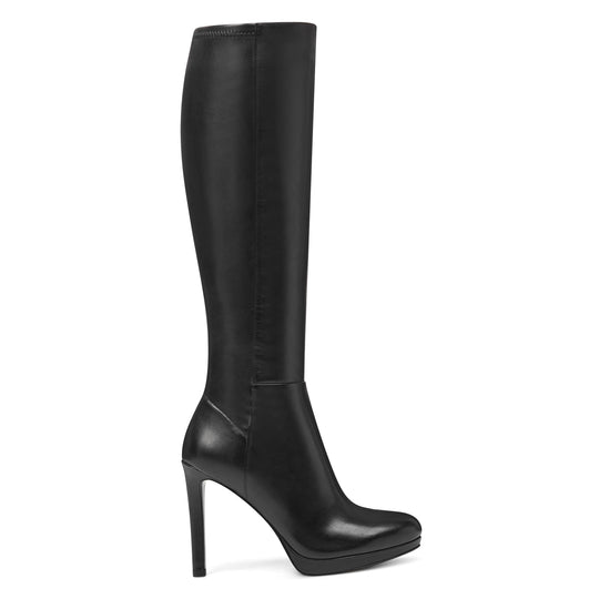 나인웨스트 NINEWEST Quizme Wide Calf Platform Boots,Black Leather