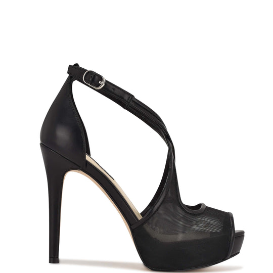 나인웨스트 NINEWEST Hanya Peep Toe Platform Pumps,Black Mesh