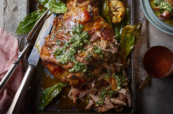 Braised Leg of Lamb with Mint, Parsley & Almond Pesto