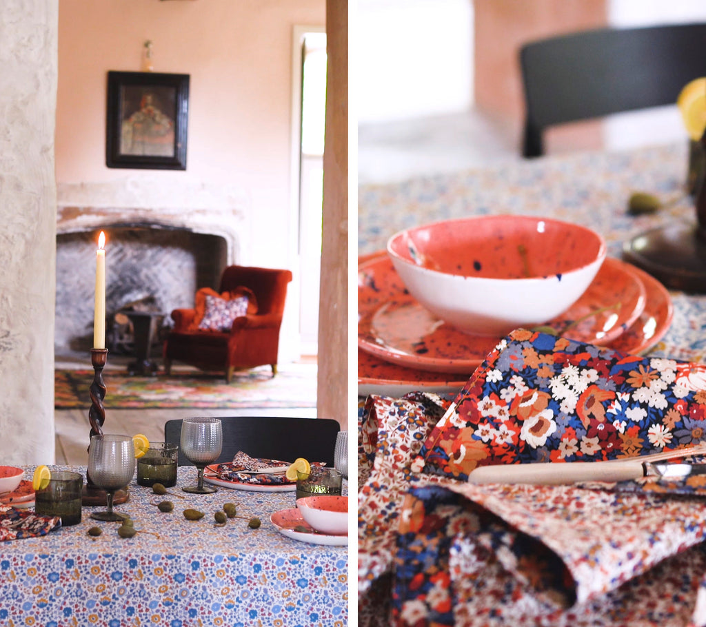 A thanksgiving table by Coco & Wolf with warm Liberty fabrics.