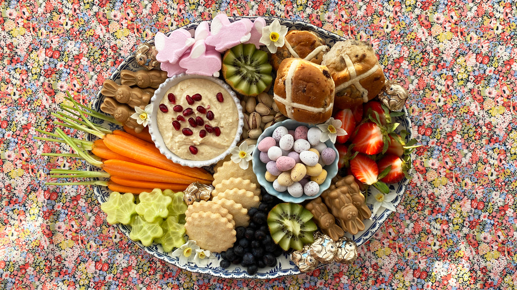 Easter grazing plate and board with seasonal foods and sweet treats
