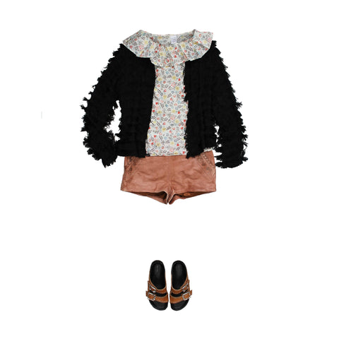 How to wear a liberty print blouse leather shorts